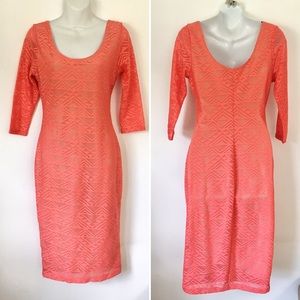 Bodycon 3/4 Sleeve midi dress sheer mesh Coral